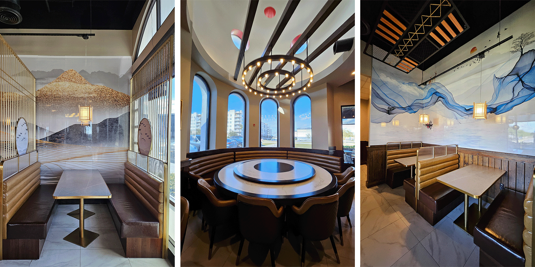 three images of inside of restaurant with booths and tables